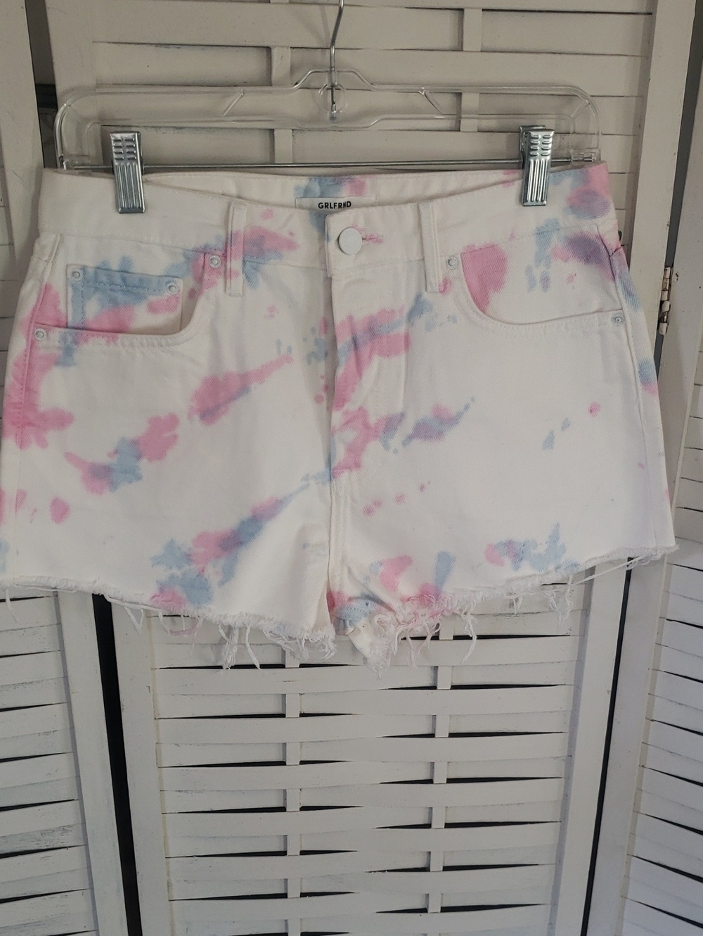 GRLFRND The Cindy White Denim Shorts with Pink & Blue Tie-Dye 27 New